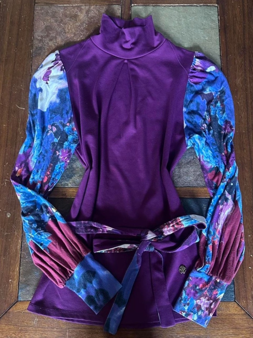 Roberto Cavalli Plum Mock Neck Top with Floral Print Sleeves